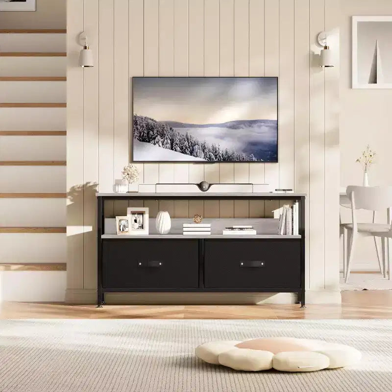 Mobile TV a 2 cassetti con mensola aperta, nero/grigio/legno retrò, per TV da 32 a 50", montaggio da 1 persona