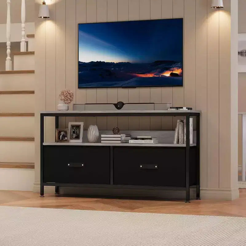 Mobile TV a 2 cassetti con mensola aperta, nero/grigio/legno retrò, per TV da 32 a 50", montaggio da 1 persona