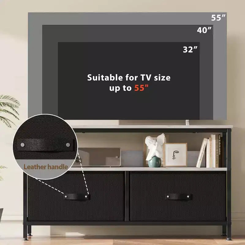 Mobile TV a 2 cassetti con mensola aperta, nero/grigio/legno retrò, per TV da 32 a 50", montaggio da 1 persona