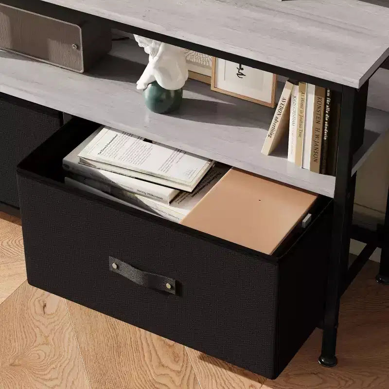 Mobile TV a 2 cassetti con mensola aperta, nero/grigio/legno retrò, per TV da 32 a 50", montaggio da 1 persona