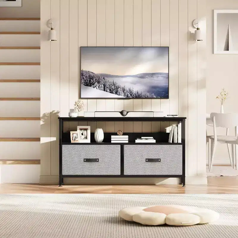 Mobile TV a 2 cassetti con mensola aperta, nero/grigio/legno retrò, per TV da 32 a 50", montaggio da 1 persona