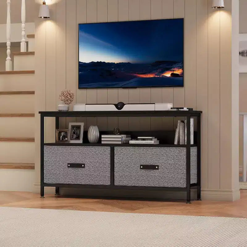 Mobile TV a 2 cassetti con mensola aperta, nero/grigio/legno retrò, per TV da 32 a 50", montaggio da 1 persona