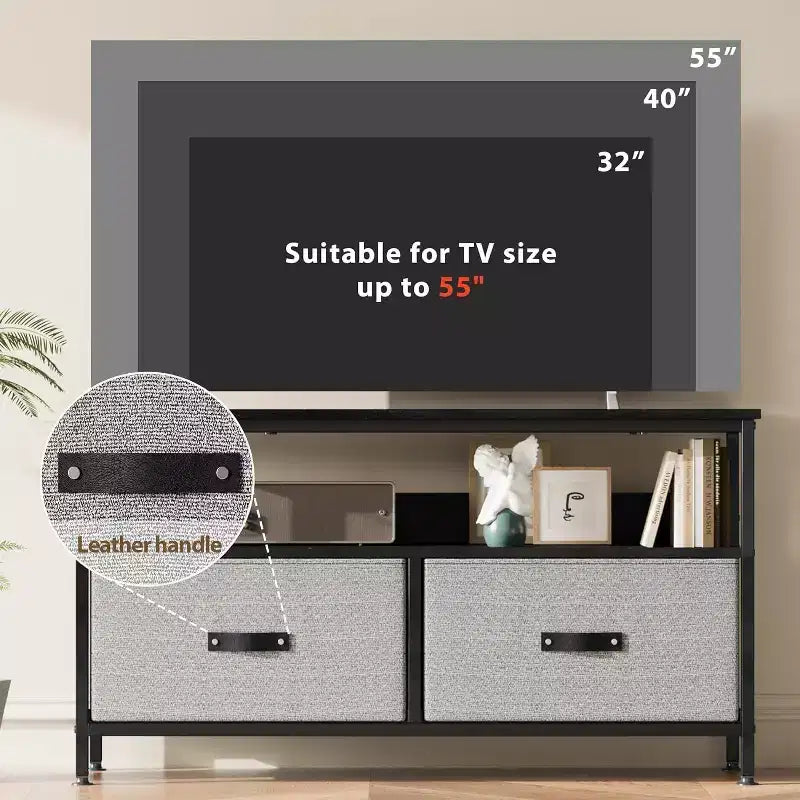 Mobile TV a 2 cassetti con mensola aperta, nero/grigio/legno retrò, per TV da 32 a 50", montaggio da 1 persona
