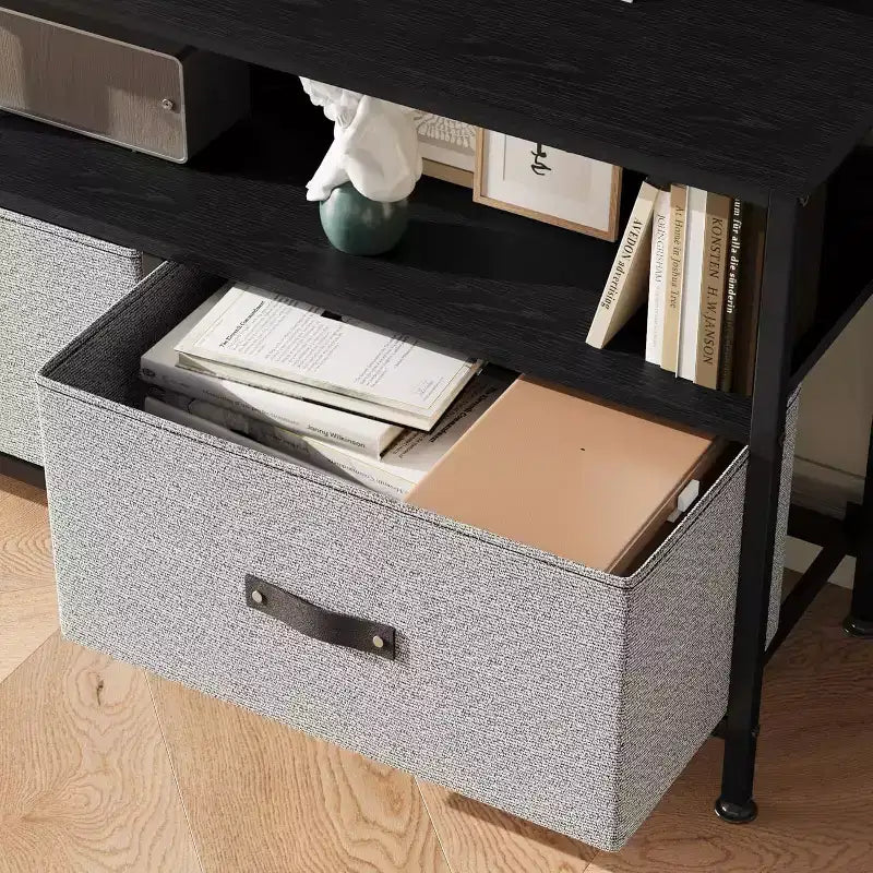 Mobile TV a 2 cassetti con mensola aperta, nero/grigio/legno retrò, per TV da 32 a 50", montaggio da 1 persona