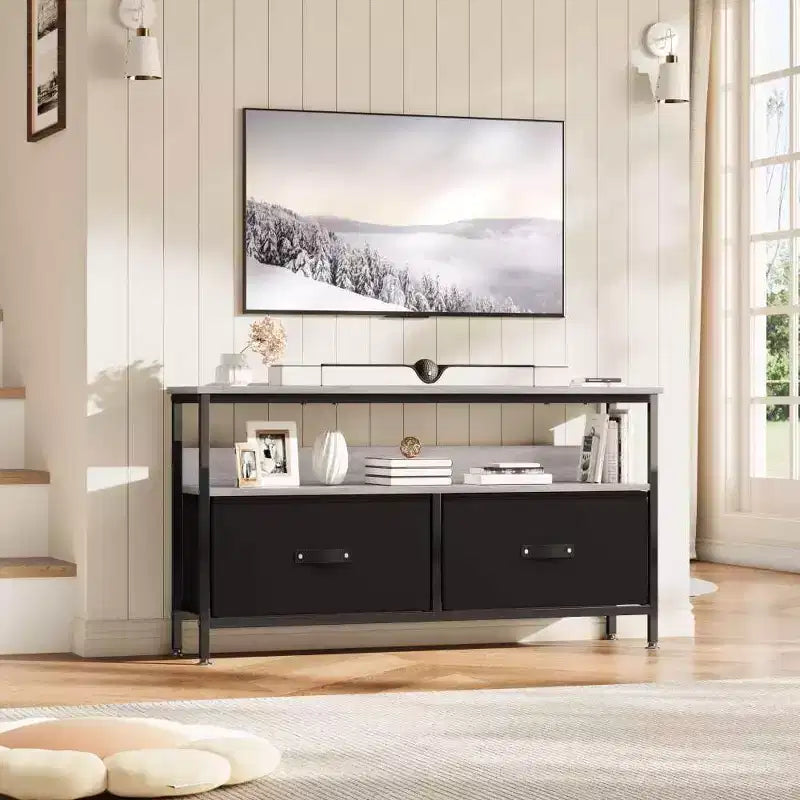 Mobile TV a 2 cassetti con mensola aperta, nero/grigio/legno retrò, per TV da 32 a 50", montaggio da 1 persona