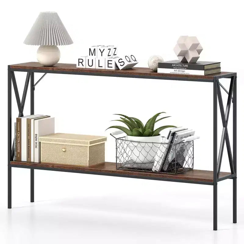 Tavolino Console Stretto a 2 Ripiani con Scaffale Contenitore, Marrone/Bianco, per 1