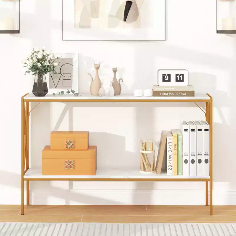 Tavolino Console Stretto a 2 Ripiani con Scaffale Contenitore, Marrone/Bianco, per 1