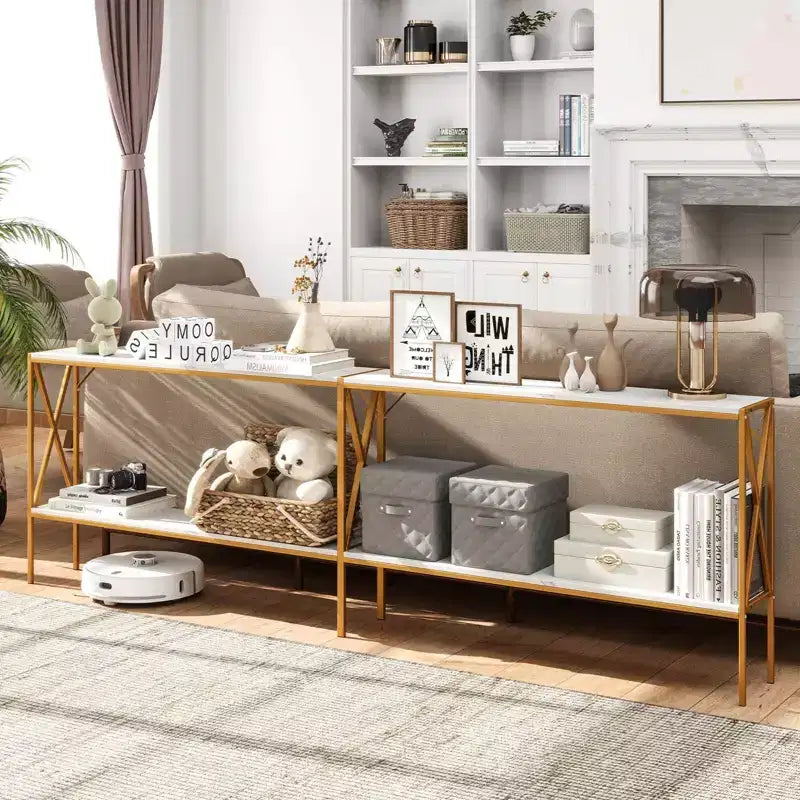 Tavolino Console Stretto a 2 Ripiani con Scaffale Contenitore, Marrone/Bianco, per 1