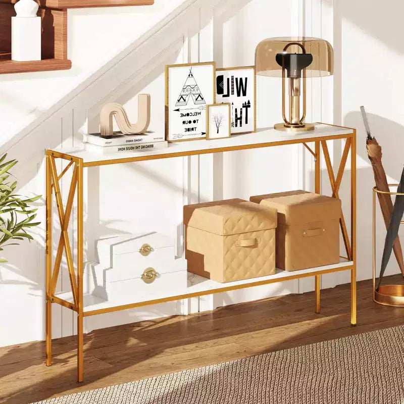 Tavolino Console Stretto a 2 Ripiani con Scaffale Contenitore, Marrone/Bianco, per 1