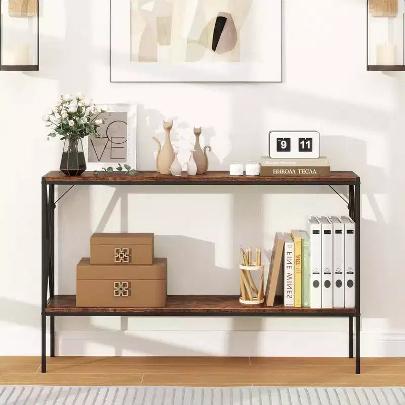 Tavolino Console Stretto a 2 Ripiani con Scaffale Contenitore, Marrone/Bianco, per 1