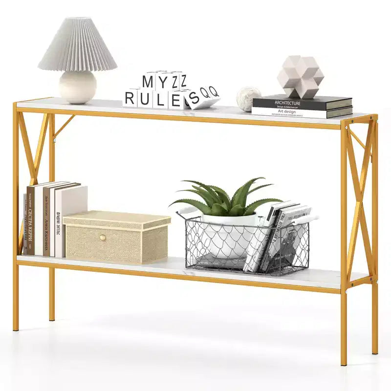 Tavolino Console Stretto a 2 Ripiani con Scaffale Contenitore, Marrone/Bianco, per 1