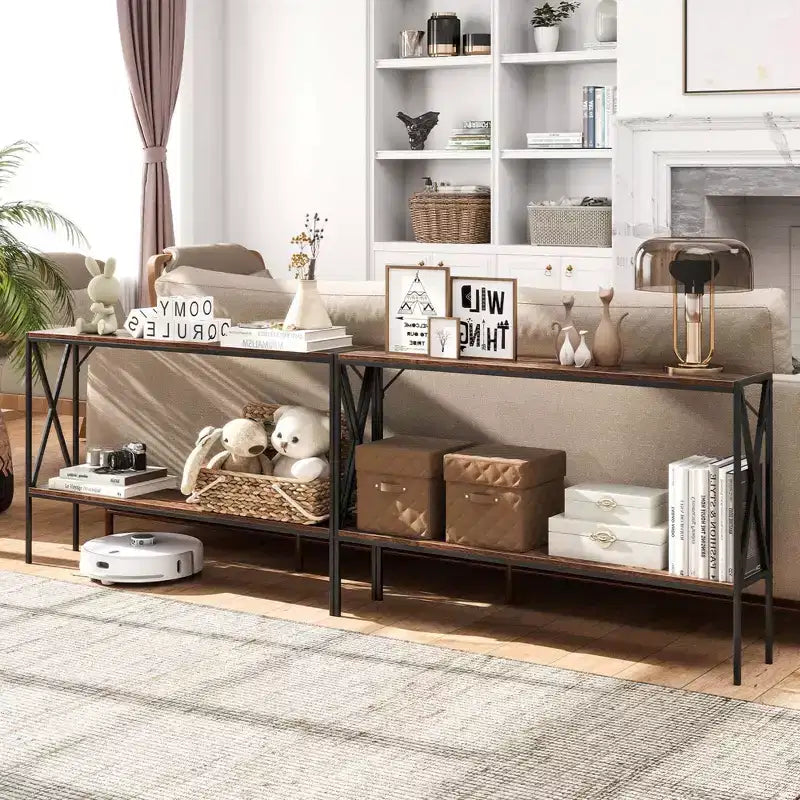 Tavolino Console Stretto a 2 Ripiani con Scaffale Contenitore, Marrone/Bianco, per 1