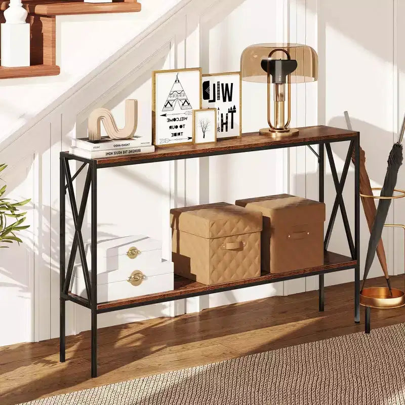 Tavolino Console Stretto a 2 Ripiani con Scaffale Contenitore, Marrone/Bianco, per 1