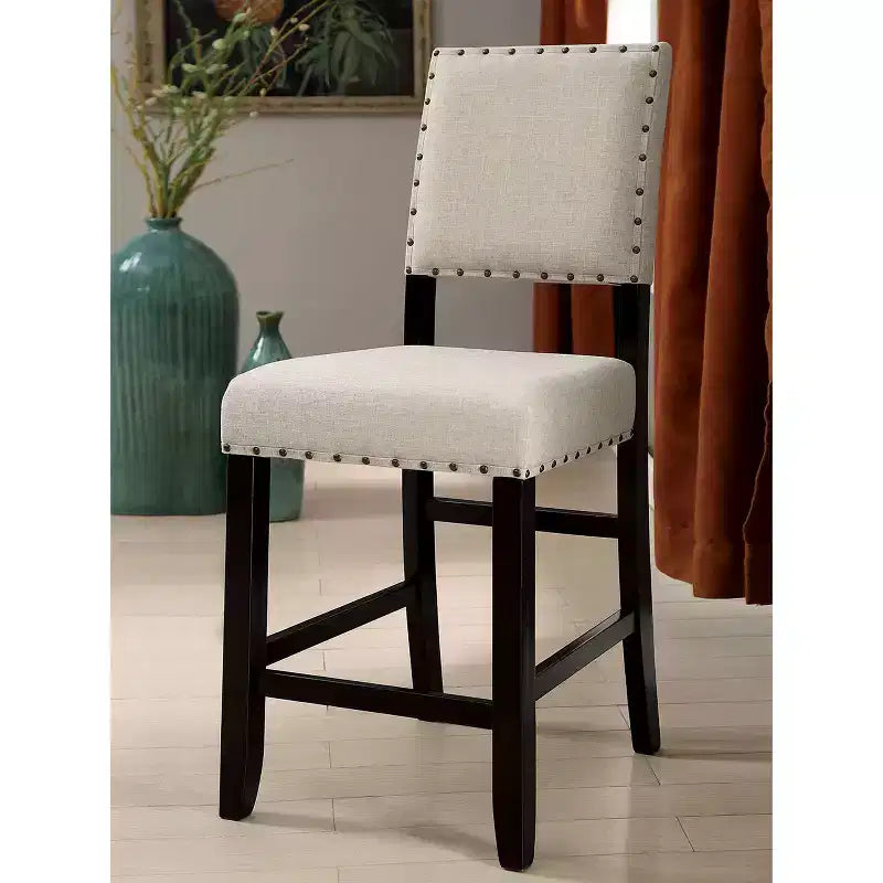 Sedie da banco in lino beige, senza braccioli, con borchie, set da 2