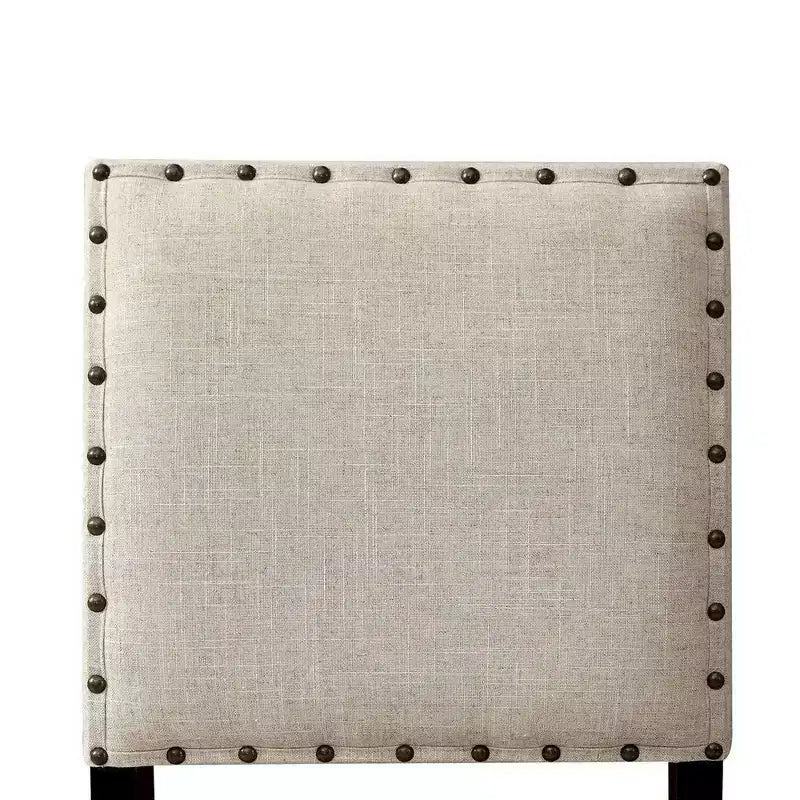 Sedie da banco in lino beige, senza braccioli, con borchie, set da 2