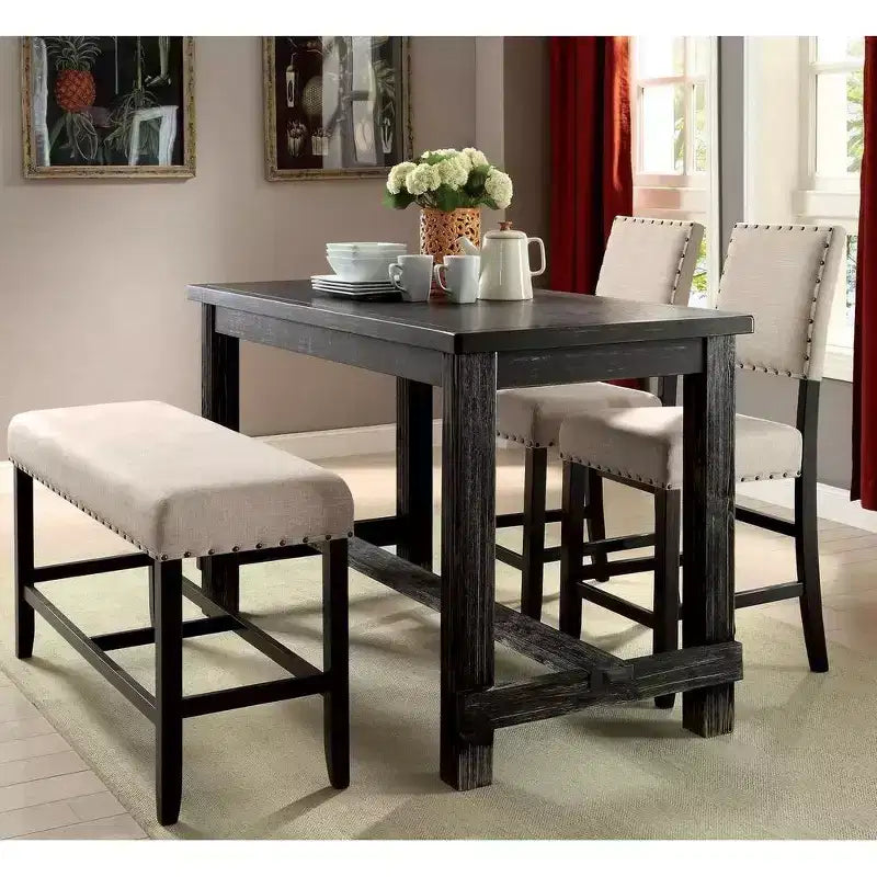 Sedie da banco in lino beige, senza braccioli, con borchie, set da 2
