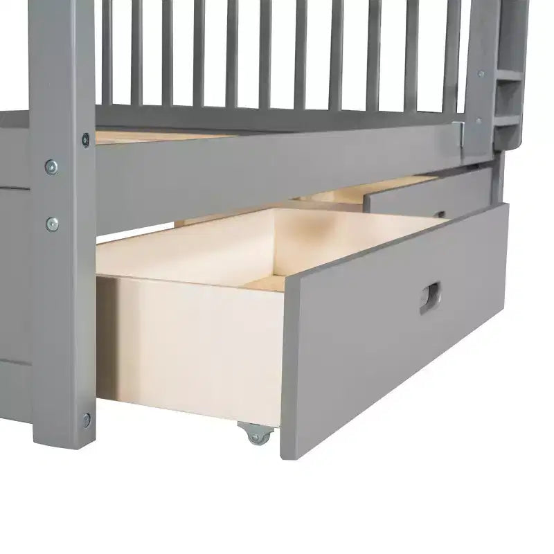 Letto a castello matrimoniale in legno massello con scaletta, 2 cassetti e sponda di protezione – Espresso/Grigio/Noce/Bianco, 2 posti letto