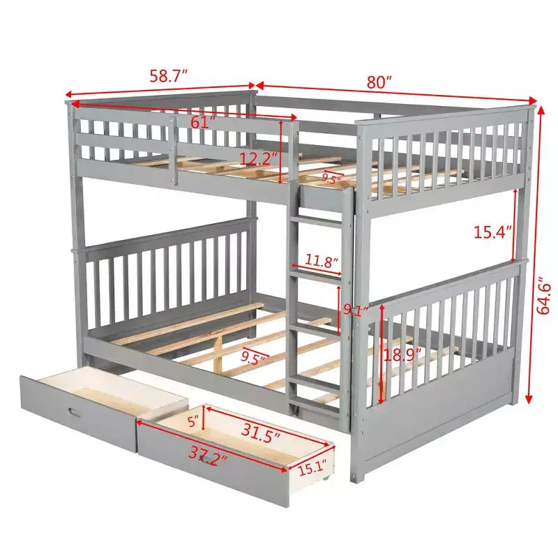 Letto a castello matrimoniale in legno massello con scaletta, 2 cassetti e sponda di protezione – Espresso/Grigio/Noce/Bianco, 2 posti letto