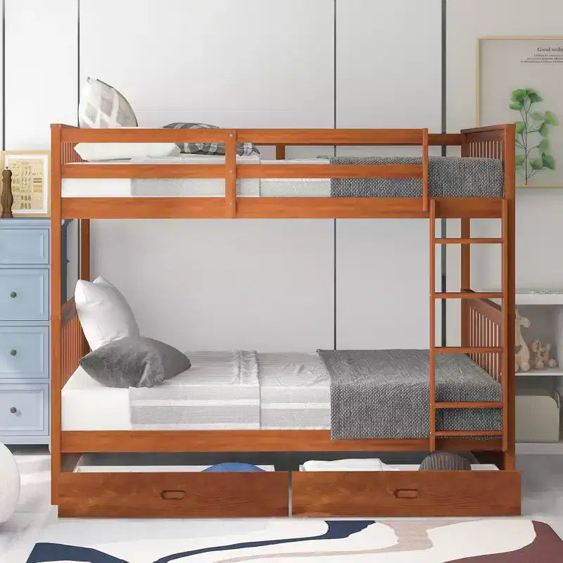Letto a castello matrimoniale in legno massello con scaletta, 2 cassetti e sponda di protezione – Espresso/Grigio/Noce/Bianco, 2 posti letto