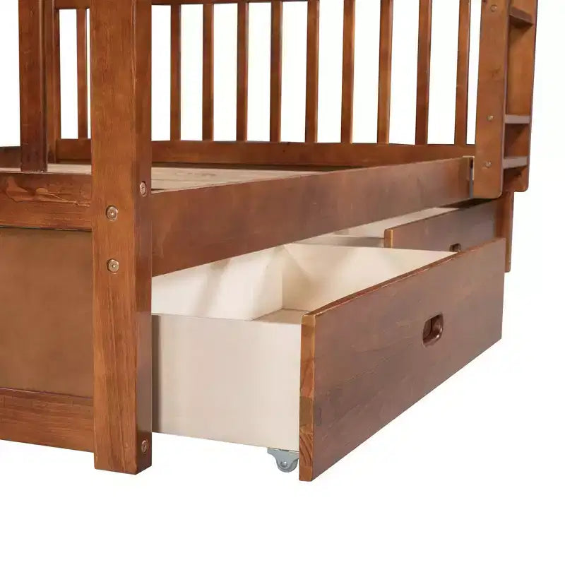 Letto a castello matrimoniale in legno massello con scaletta, 2 cassetti e sponda di protezione – Espresso/Grigio/Noce/Bianco, 2 posti letto
