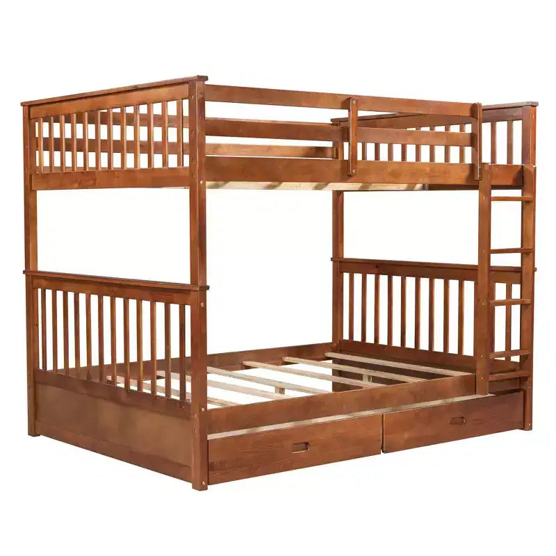 Letto a castello matrimoniale in legno massello con scaletta, 2 cassetti e sponda di protezione – Espresso/Grigio/Noce/Bianco, 2 posti letto