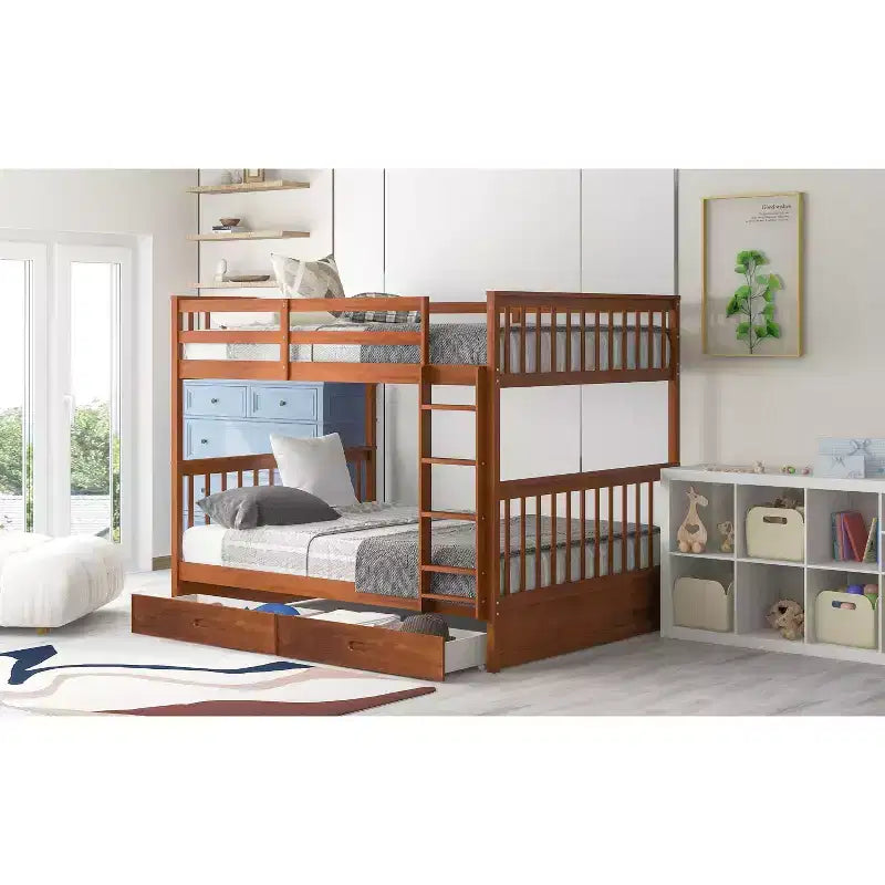 Letto a castello matrimoniale in legno massello con scaletta, 2 cassetti e sponda di protezione – Espresso/Grigio/Noce/Bianco, 2 posti letto