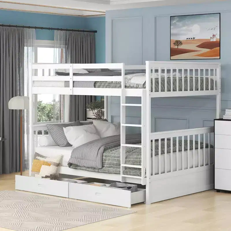 Letto a castello matrimoniale in legno massello con scaletta, 2 cassetti e sponda di protezione – Espresso/Grigio/Noce/Bianco, 2 posti letto