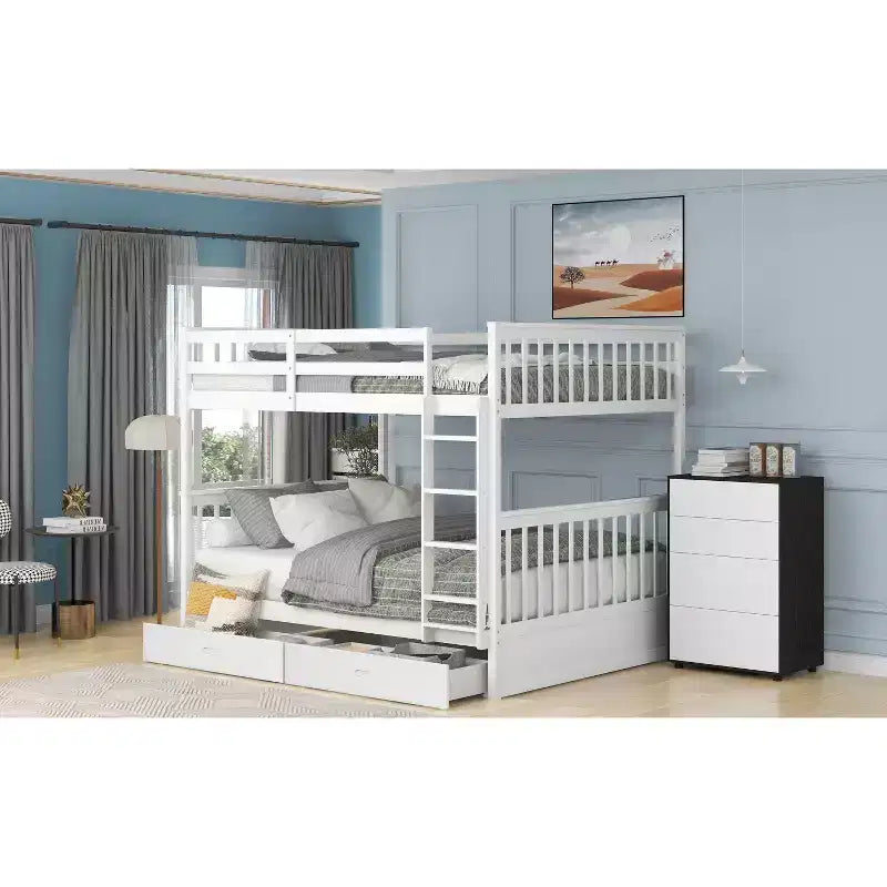 Letto a castello matrimoniale in legno massello con scaletta, 2 cassetti e sponda di protezione – Espresso/Grigio/Noce/Bianco, 2 posti letto