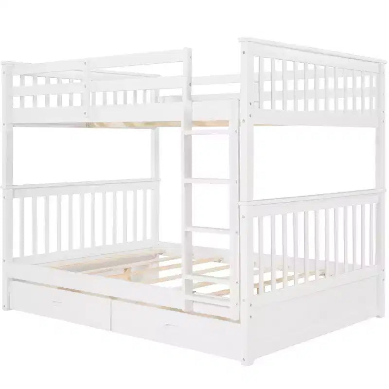 Letto a castello matrimoniale in legno massello con scaletta, 2 cassetti e sponda di protezione – Espresso/Grigio/Noce/Bianco, 2 posti letto