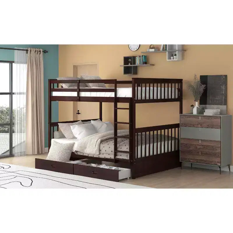 Letto a castello matrimoniale in legno massello con scaletta, 2 cassetti e sponda di protezione – Espresso/Grigio/Noce/Bianco, 2 posti letto