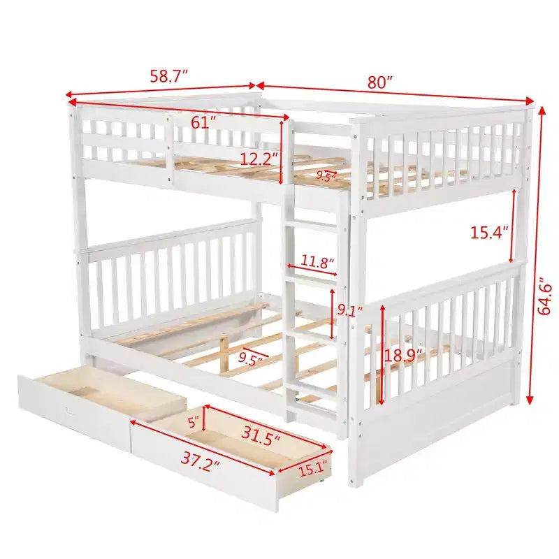 Letto a castello matrimoniale in legno massello con scaletta, 2 cassetti e sponda di protezione – Espresso/Grigio/Noce/Bianco, 2 posti letto