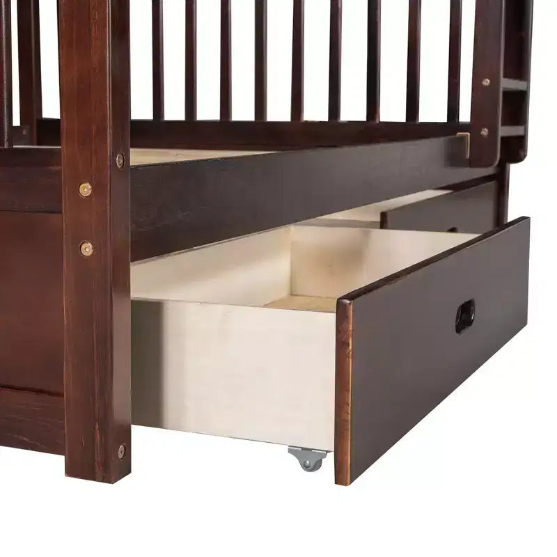 Letto a castello matrimoniale in legno massello con scaletta, 2 cassetti e sponda di protezione – Espresso/Grigio/Noce/Bianco, 2 posti letto