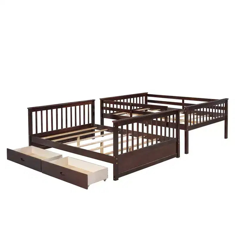 Letto a castello matrimoniale in legno massello con scaletta, 2 cassetti e sponda di protezione – Espresso/Grigio/Noce/Bianco, 2 posti letto