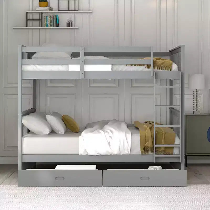 Letto a castello matrimoniale in legno massello con scaletta, 2 cassetti e sponda di protezione – Espresso/Grigio/Noce/Bianco, 2 posti letto