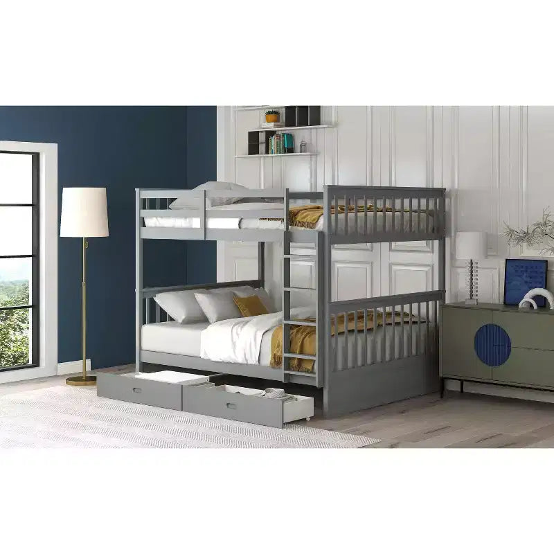 Letto a castello matrimoniale in legno massello con scaletta, 2 cassetti e sponda di protezione – Espresso/Grigio/Noce/Bianco, 2 posti letto