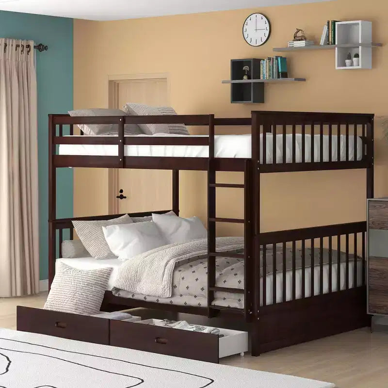 Letto a castello matrimoniale in legno massello con scaletta, 2 cassetti e sponda di protezione – Espresso/Grigio/Noce/Bianco, 2 posti letto
