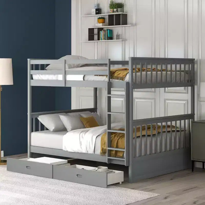 Letto a castello matrimoniale in legno massello con scaletta, 2 cassetti e sponda di protezione – Espresso/Grigio/Noce/Bianco, 2 posti letto