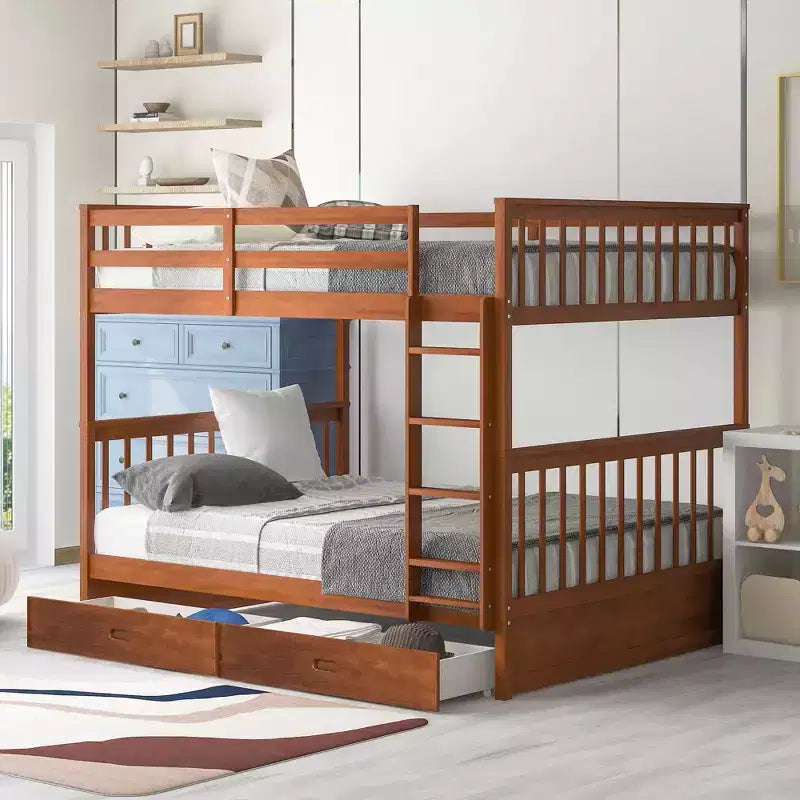 Letto a castello matrimoniale in legno massello con scaletta, 2 cassetti e sponda di protezione – Espresso/Grigio/Noce/Bianco, 2 posti letto