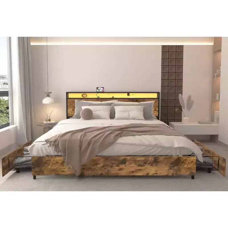 Struttura letto a piattaforma grigio antico/nero+marrone/marrone antico