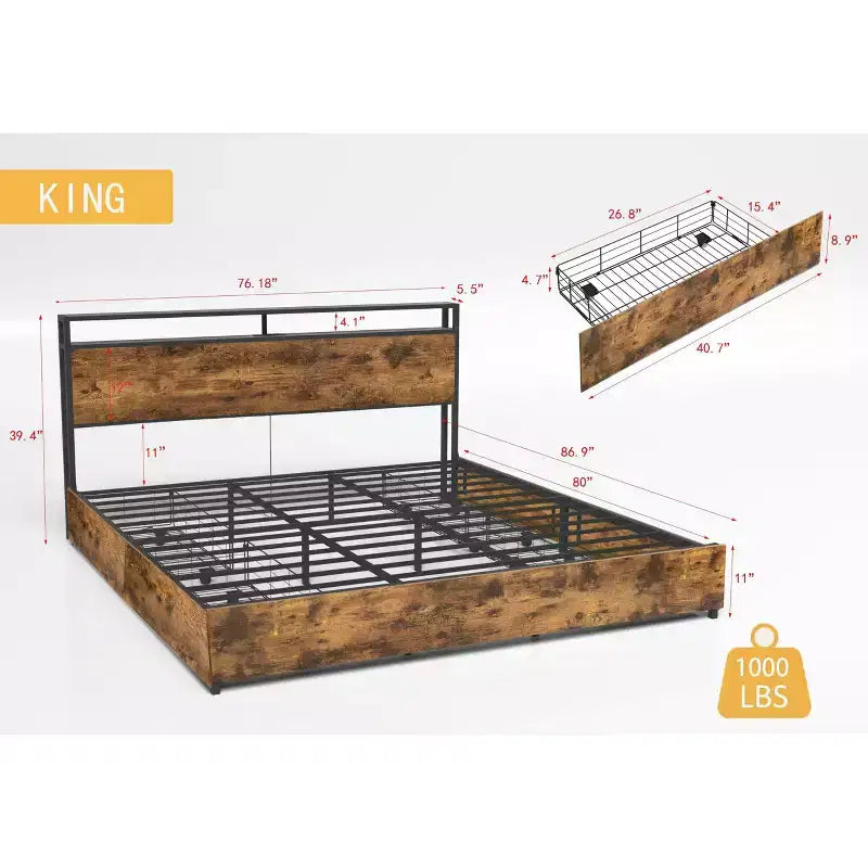 Struttura letto a piattaforma grigio antico/nero+marrone/marrone antico
