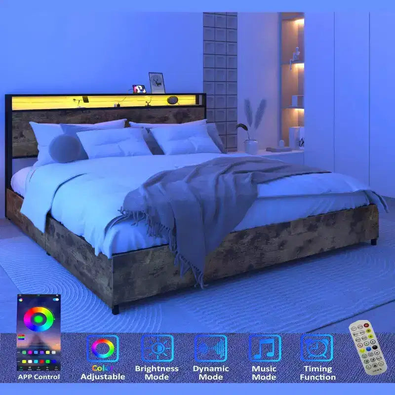 Struttura letto a piattaforma grigio antico/nero+marrone/marrone antico