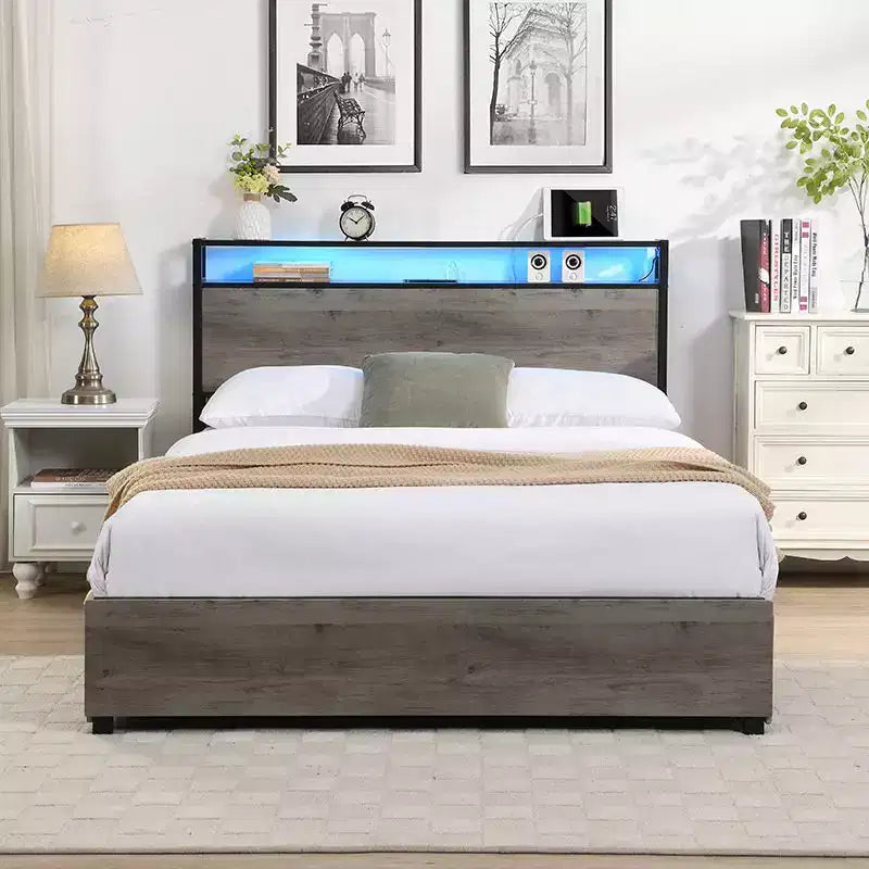 Struttura letto a piattaforma grigio antico/nero+marrone/marrone antico