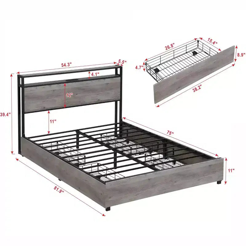 Struttura letto a piattaforma grigio antico/nero+marrone/marrone antico