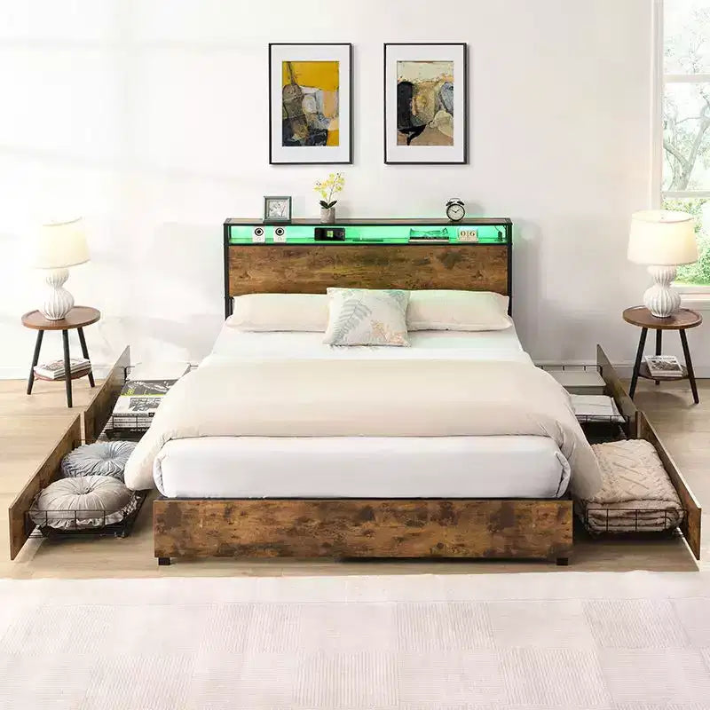 Struttura letto a piattaforma grigio antico/nero+marrone/marrone antico