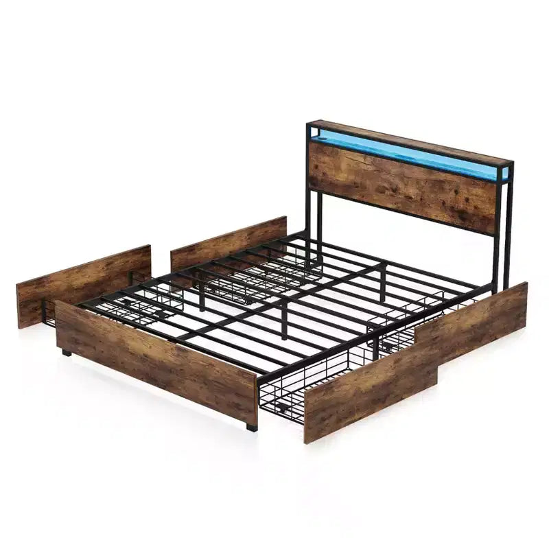 Struttura letto a piattaforma grigio antico/nero+marrone/marrone antico