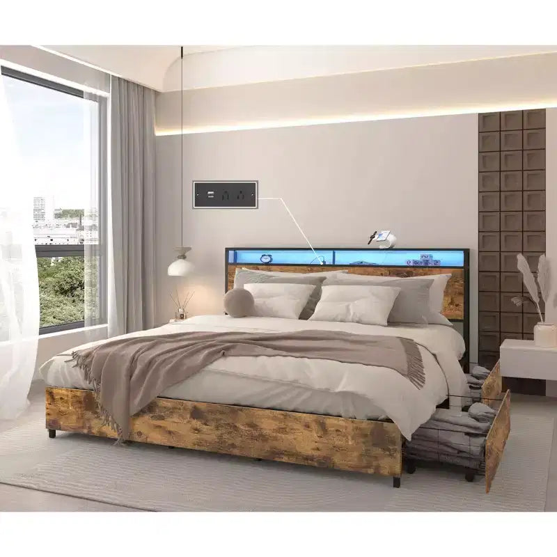 Struttura letto a piattaforma grigio antico/nero+marrone/marrone antico