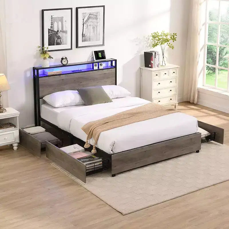 Struttura letto a piattaforma grigio antico/nero+marrone/marrone antico