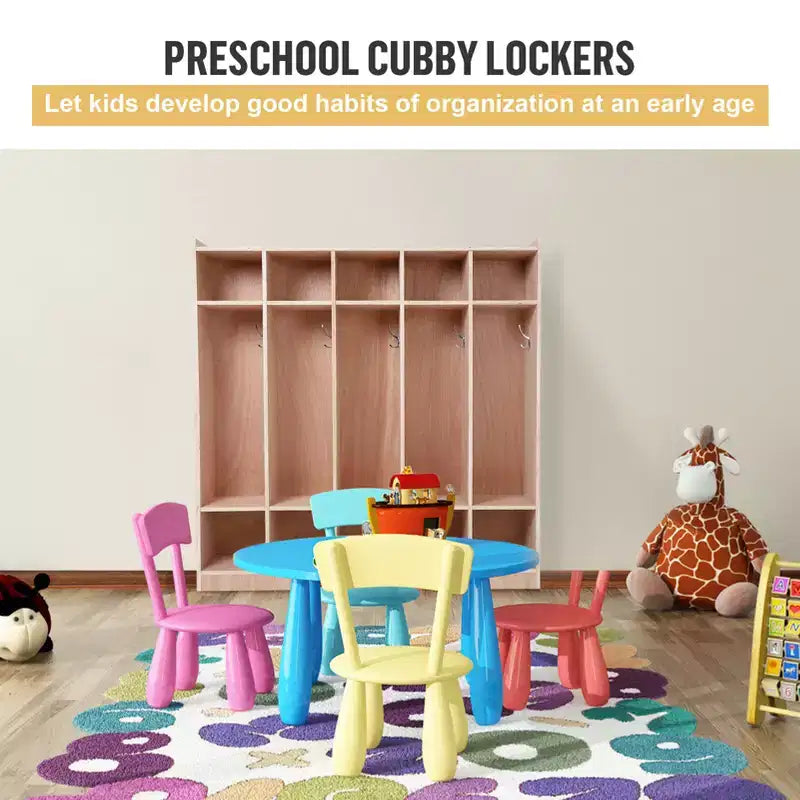 Armadietto/Appendiabiti multi-utente in legno naturale con 5 scomparti e 10 ganci