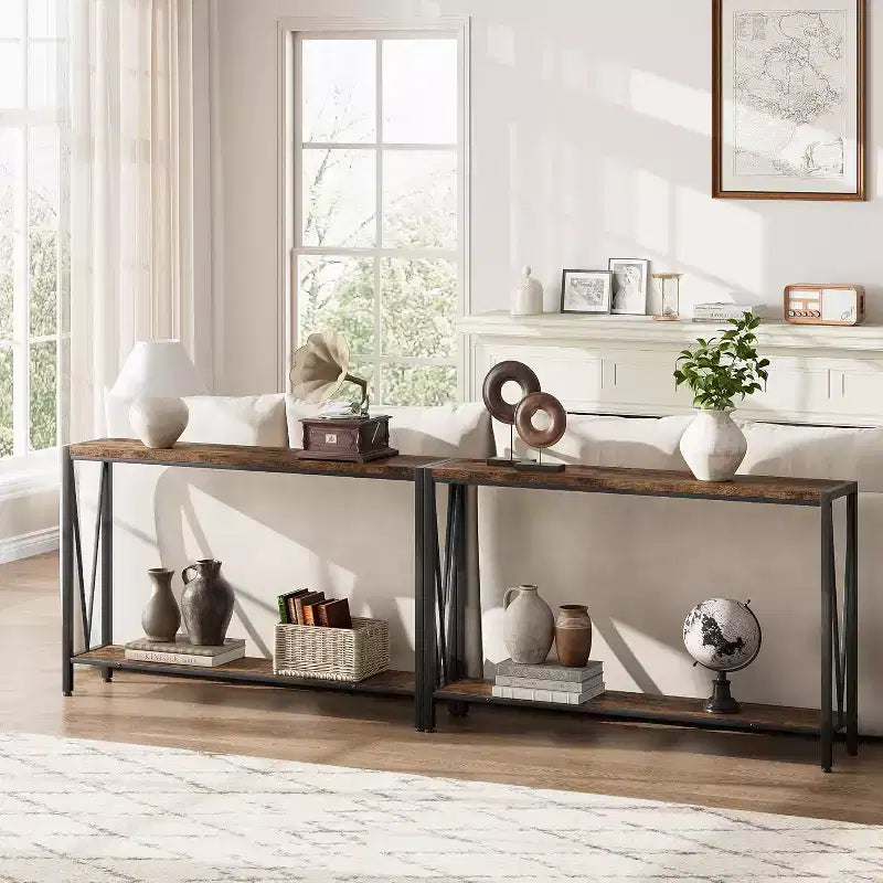 Tavolo consolle a 2 ripiani V-Design in metallo da 109 cm nero/marrone/grigio per ingresso e soggiorno