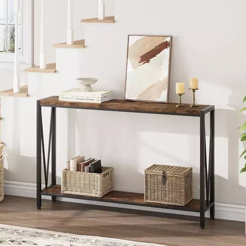 Tavolo consolle a 2 ripiani V-Design in metallo da 109 cm nero/marrone/grigio per ingresso e soggiorno